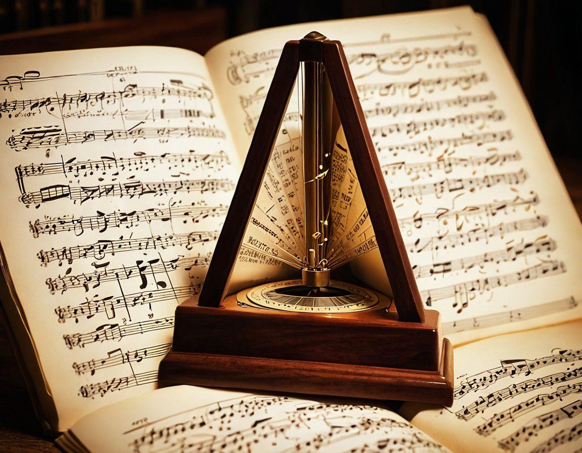 A visually striking composition featuring a close-up of a musical score with intricate notation symbols, surrounded by colorful musical notes floating around. In the background, a glowing book with open pages representing music theory concepts and a serene workspace with a vintage metronome and musical instruments. The colors should be vibrant to evoke a feeling of creativity and inspiration. super-realistic. vibrant colors. soft focus.
