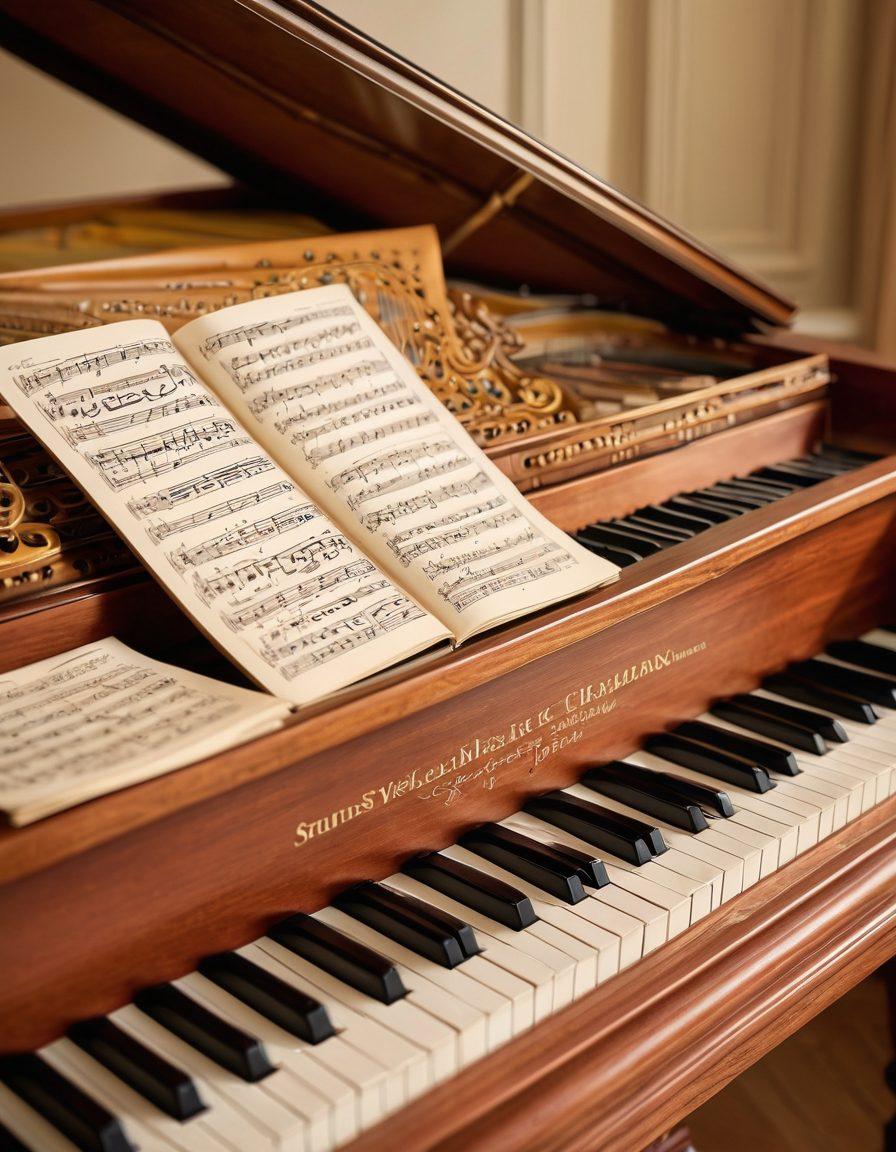 An intricate close-up of sheet music filled with beautifully arranged notes and symbols, showcasing a vintage wooden piano in the background. A hand, gently playing the piano, is partially visible, adding a personal touch. Surrounding the music are glowing notes that seem to float, symbolizing creativity and inspiration. The color scheme is warm and inviting, with a sense of harmony and artistic flair. super-realistic. vibrant colors. soft focus.