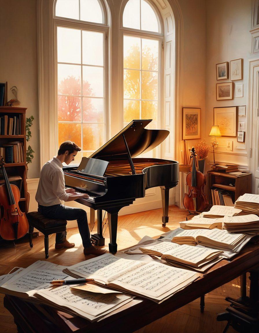 A captivating scene of a composer in a cozy home studio, surrounded by various musical instruments and sheets of music. The composer, lost in thought, is jotting down notes on a grand piano, with vibrant musical notes swirling around, symbolizing creativity and inspiration. Soft sunlight filters through the window, illuminating the pages and creating a warm atmosphere. Include artistic elements like watercolors splashing in the background to emphasize creativity. super-realistic. vibrant colors. warm tones.
